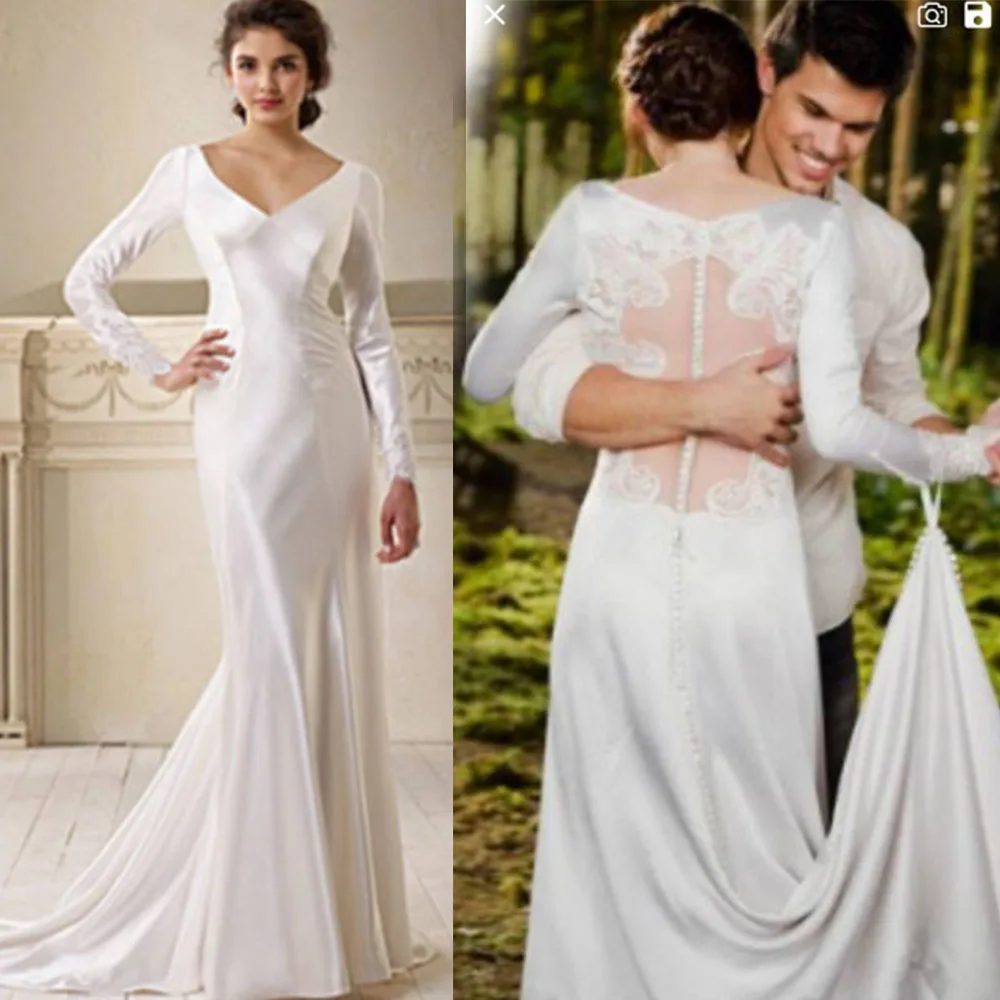 Robes de Mariée Blanches à Col en V pour Patients, Forme Sirène Formelle, Trompent, Manches sulf, Bouton de Traîne, Applique en Satin