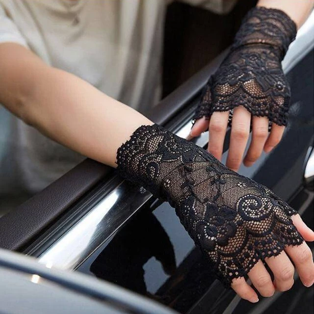 Gants sans doigts en résille à fleurs en dentelle creuse, 38Styles, Protection solaire élégante pour femmes, mitaines de danse en maille pour mariage, décoration des mains – Image 3