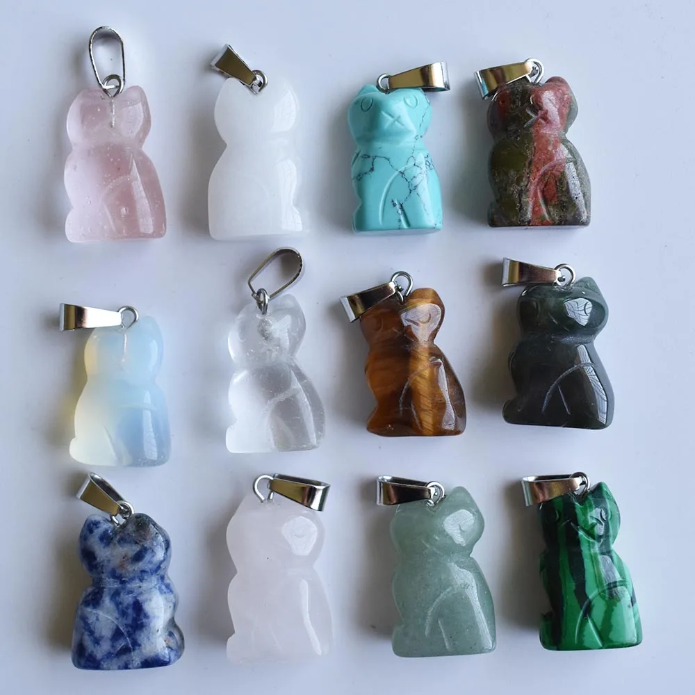 Assortiment de pendentifs en pierre naturelle mixte, haute qualité, motifs chats, breloques pour la fabrication de bijoux fins, vente en gros, 12 pièces/lot, 2020