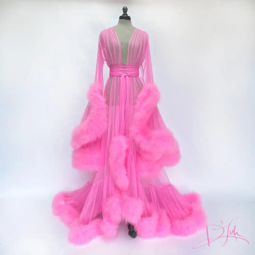 Robe en fourrure de plumes roses chaudes pour femmes, vêtements de nuit de fête enceinte, peignoir sexy, chemise de nuit transparente, châle de demoiselle d'honneur de Rh, kimono