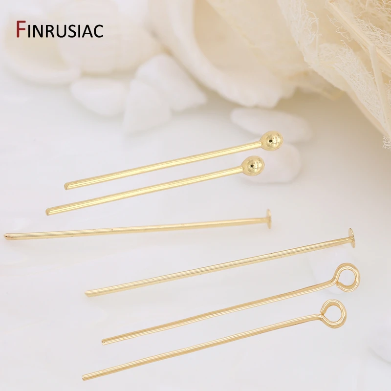 Spécifications multiples d'épingles à tête ronde/plat/oeil plaquées or véritable 14K pour la fabrication de bijoux, fournitures de broches de bijoux à bricoler soi-même, vente en gros