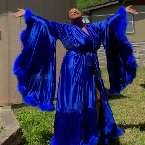 Robe en plumes de satin vert foncé, manches longues, longueur au sol, robe de fête d'anniversaire – Image 6