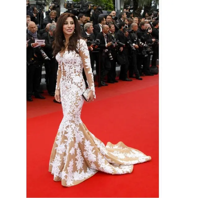 Robe sirène à manches longues pour mère de la mariée, robe en dentelle, tapis rouge, célébrité, Najwa Karam, Cannes, Billy Bridades – Image 3