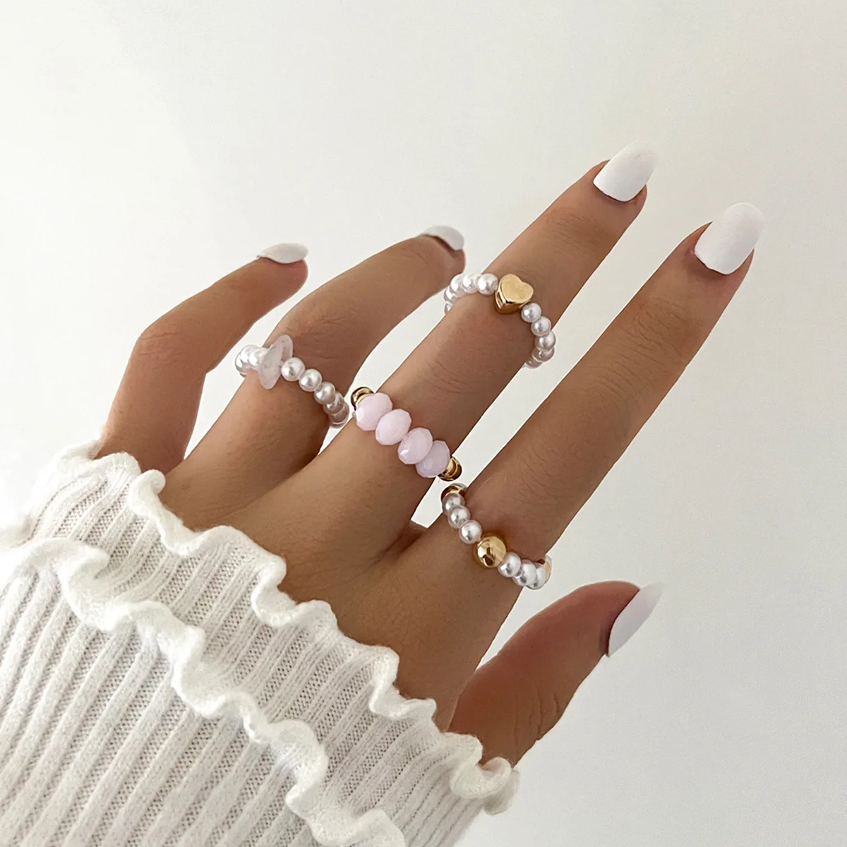 HI MAN 4 pièces/ensemble coréen mixte à la main perle pierre acrylique petite perle ronde coeur anneau femmes classique élégant rencontres bijoux