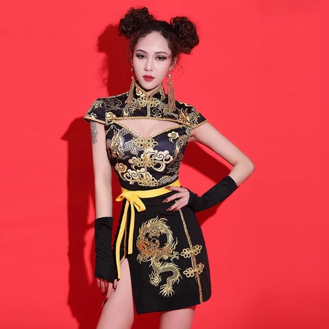 Tenue de festival à col mandarin pour femme, Cheongsam asiatique imbibé de Tang, vêtements de style chinois sexy, tenues de scène, ensemble de 2 pièces, 11811 – Image 3