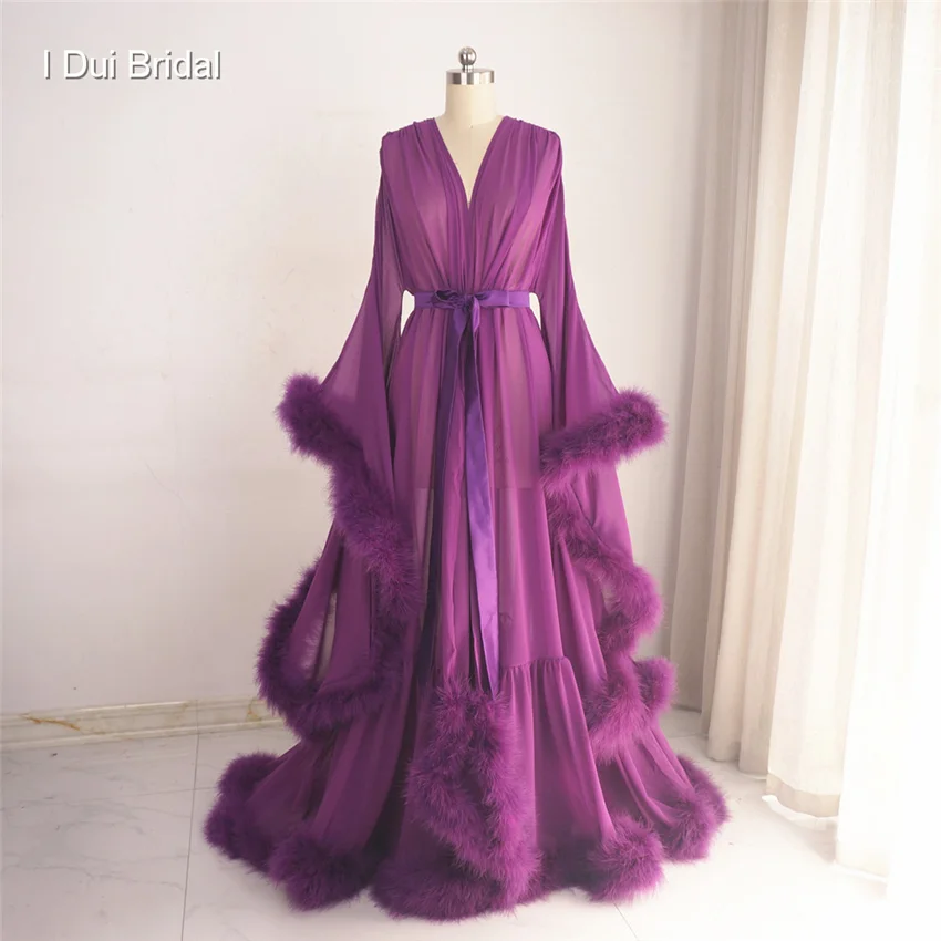 Robe longue en mousseline de soie et fourrure, pyjama à bord marabout, cadeau de mariage, robe d'anniversaire, vêtements de photographie de travailleurs, robe de lingerie Boudoir