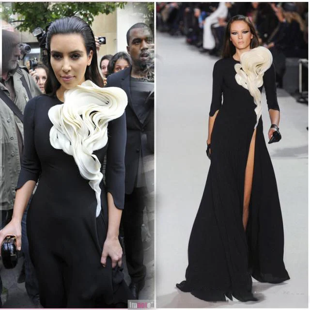 Robe de célébrité noire à volants sur mesure, manches trois quarts, fente haute, devant fleuri, livraison directe