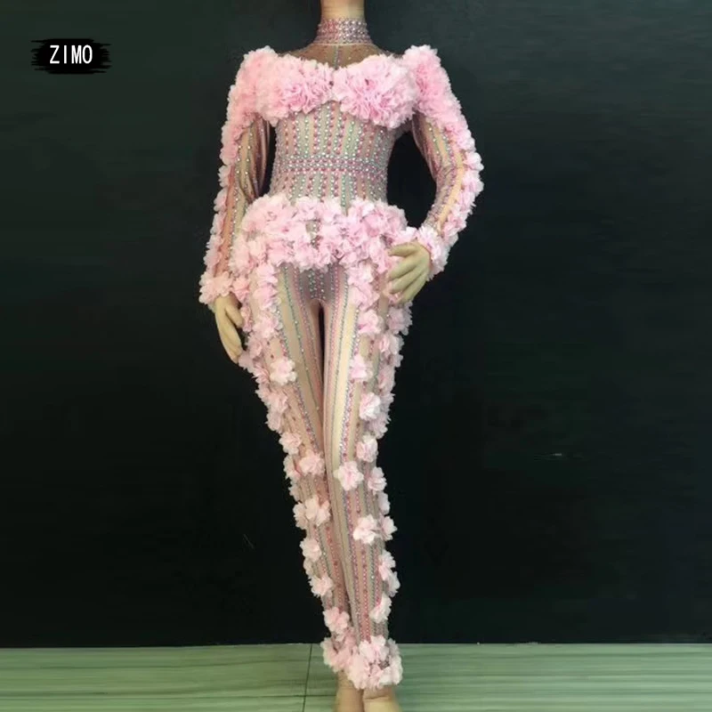 Combinaison de batterie à biscuits fleur rose sexy, olympiques de drag queen, vêtements de scène de chanteur, tenues commandées une pièce, barboteuse de boîte de nuit