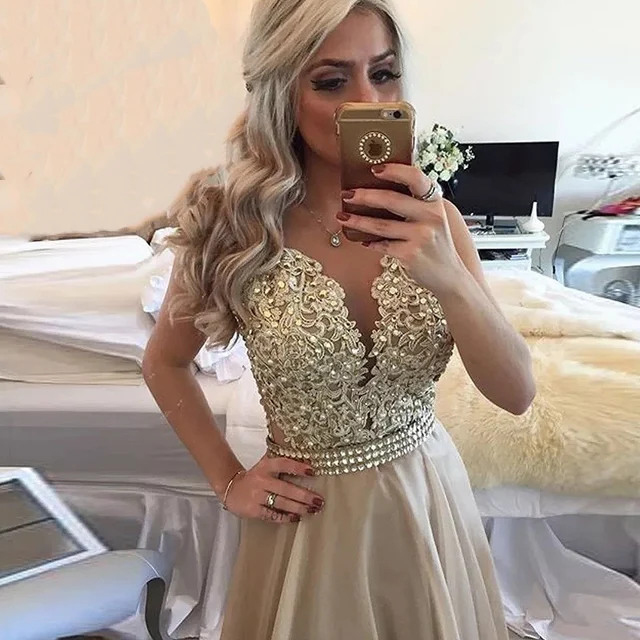 Robe de soirée longue en mousseline de soie, dentelle perlée, dos transparent, sans manches, col rond, longueur au sol, grande taille, nouvelle collection 2021 – Image 3