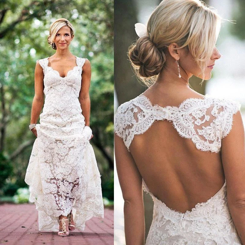 Robe de mariée sirène en dentelle vintage, robes de mariée de jardin, bohème, col en V, patients de plage, peu importe mancherons, robe de soirée dos nu