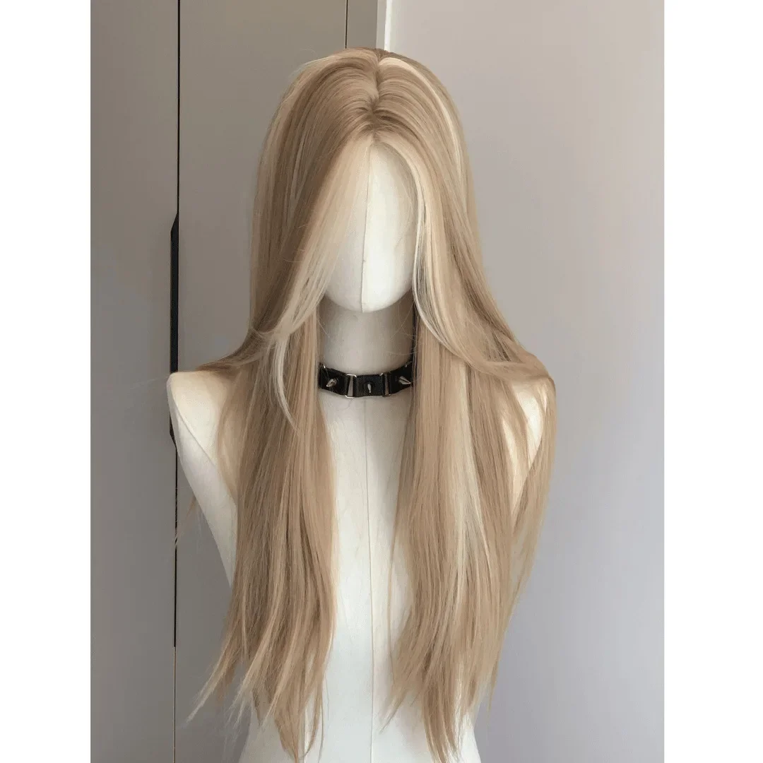 American Style Small Lace Highlighted California Girl Hair Extension Fake Hair Gradient Middle Part Straight Hair Wig