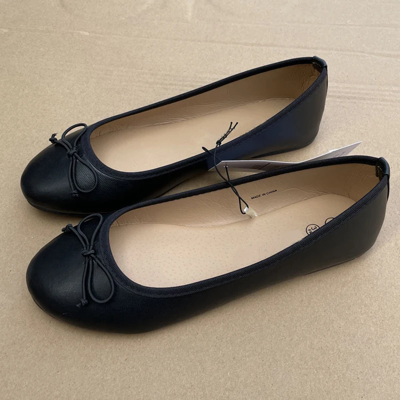 Ballerine élégante à nœud papillon pour femmes, bout rond plat, mocassins confortables à enfiler pour dames, Mules simples en cuir