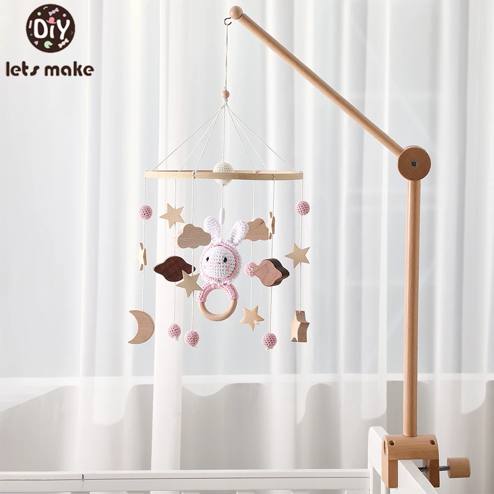 Berceau de bébé Mobile hochet en bois jouet cloche de lit Mobile suspendu rose Crochet lapin jouets nouveau-né boîte à musique berceau support Mobile cadeau