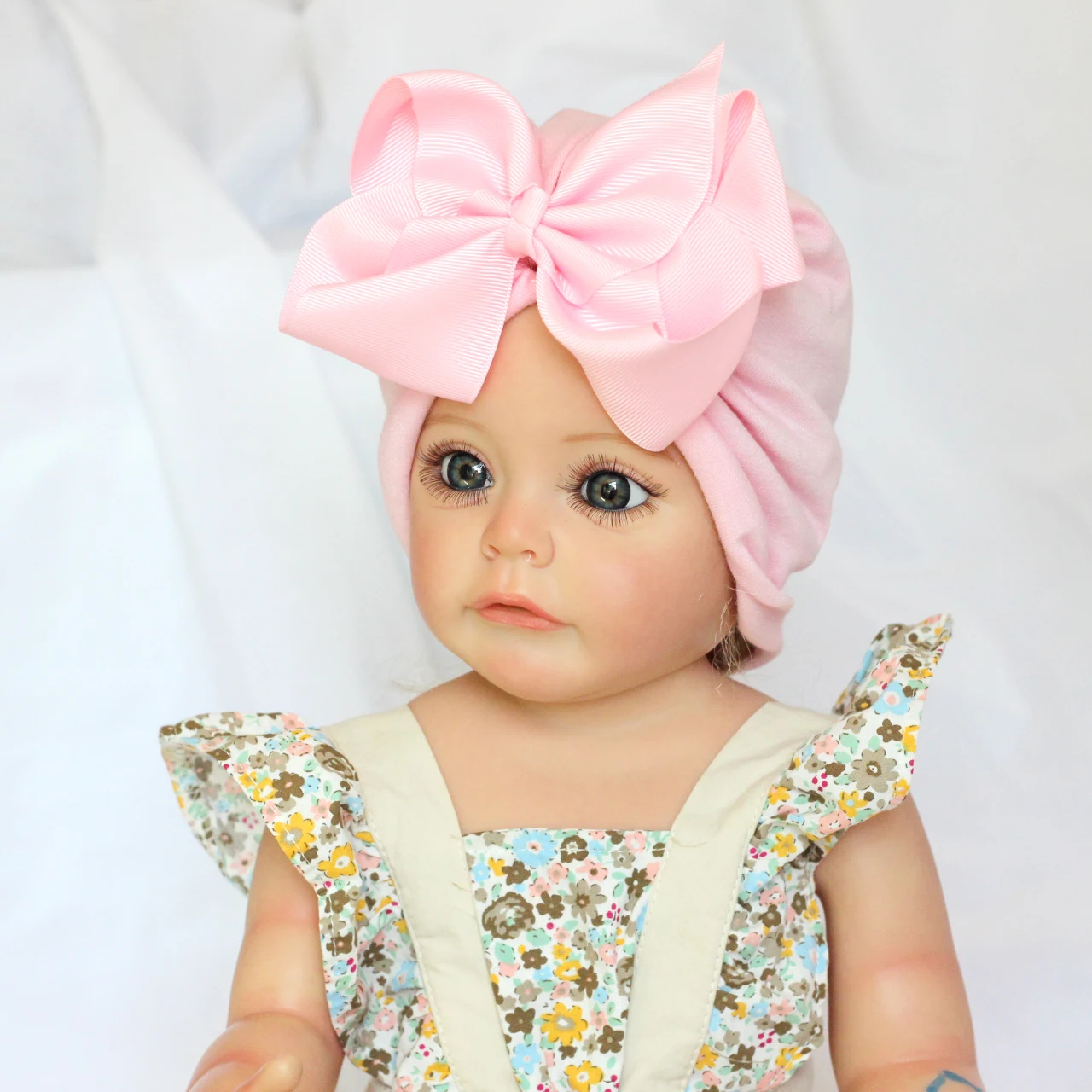 Turban avec gros nœud en ruban pour bébé fille, Bonnet fin pour nouveau-né, couvre-chef à fleurs