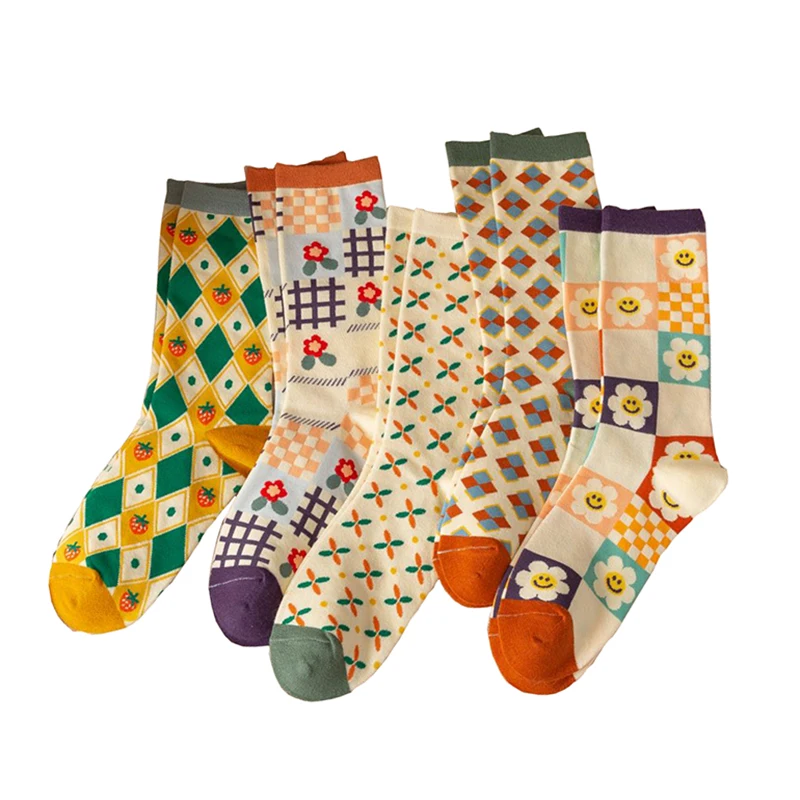 5 paires imprimer mignon longues chaussettes d'hiver femmes mode nouvelles fleurs chaussettes ensemble Kawaii respirant Style coréen Streetwear Socken