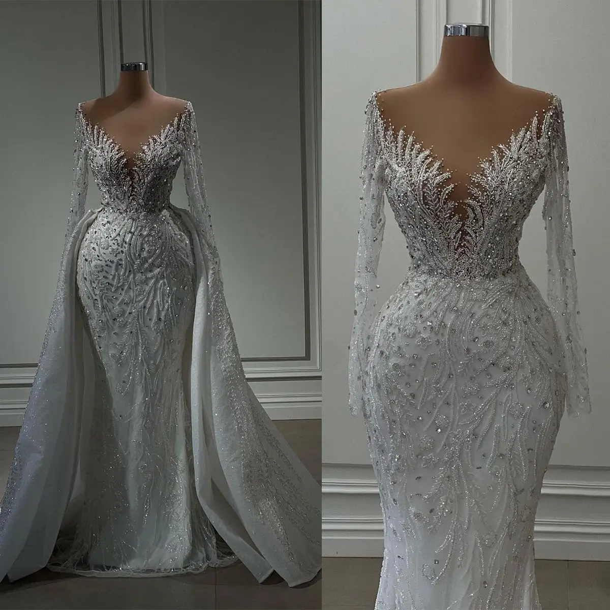 Robes de mariée personnalisées avec traîne détachable, col en V, manches longues, avec des Appliques de perles