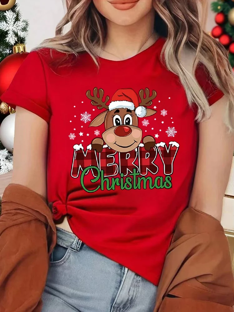 Joyeux noël mignon renne imprimé rouge T-Shirts pour femmes décontracté à manches courtes col rond T-Shirts dames fête de noël hauts