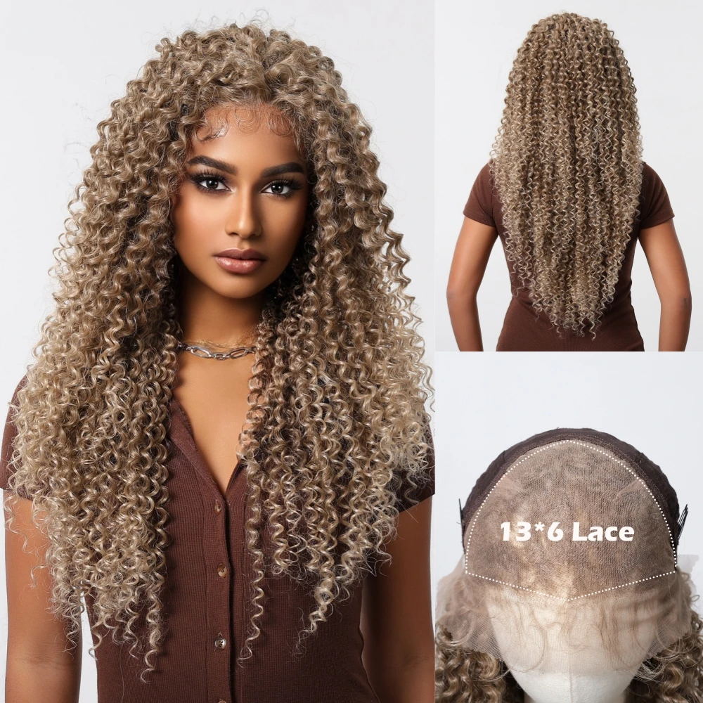 13*6 Kinky Curly Wave Lace Front Synthetic Wig for Balck Women Light Brown Golden Lace Hair Wig Heat Resistant for Daily Cosplay