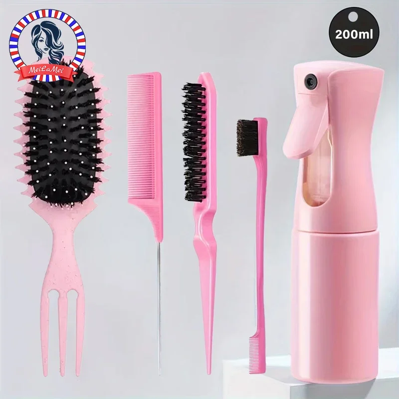Ensemble de Peignes à Cheveux Courbés en Queue de Rat avec Bouteilles de Pulvérisation, Rouleau 3 en 1, Brosse de Contrôle des Bords, Outil de Coiffure pour Salon, 5 Pièces