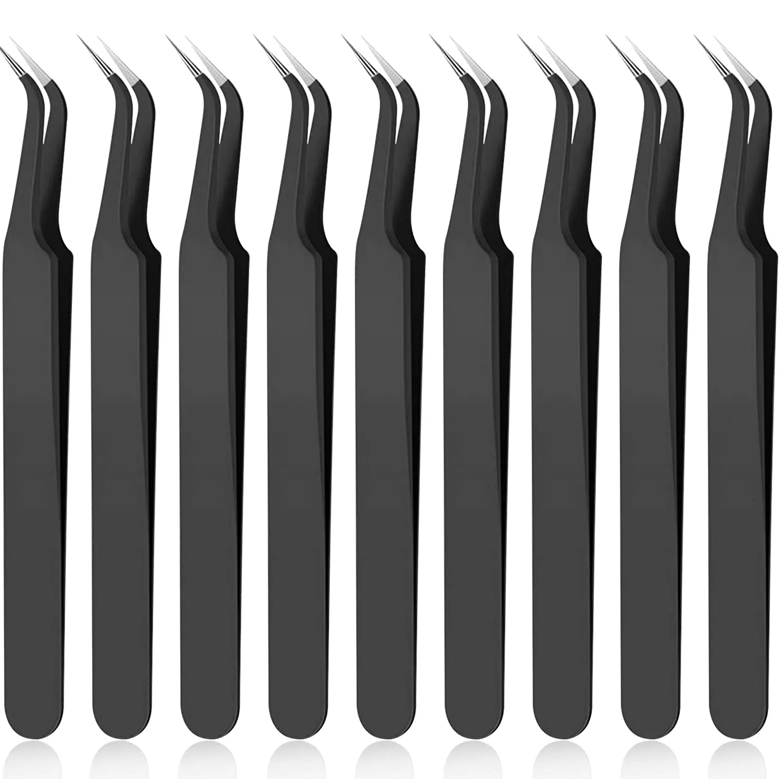 Pincettes d'extension de cils à pointe incurvée, pincettes à pointe incurvée en acier inoxydable, pincettes à pointe pointue avec couvercle de protection, 1/9 pièces