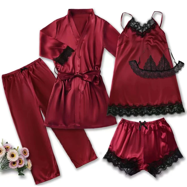 Women's Satin Sleepwear Pajama Set Pink Sexy Lingerie Bath Robe Lace Patchwork Silk Night Dress Trousers Home Clothed Nightwear – Image 5