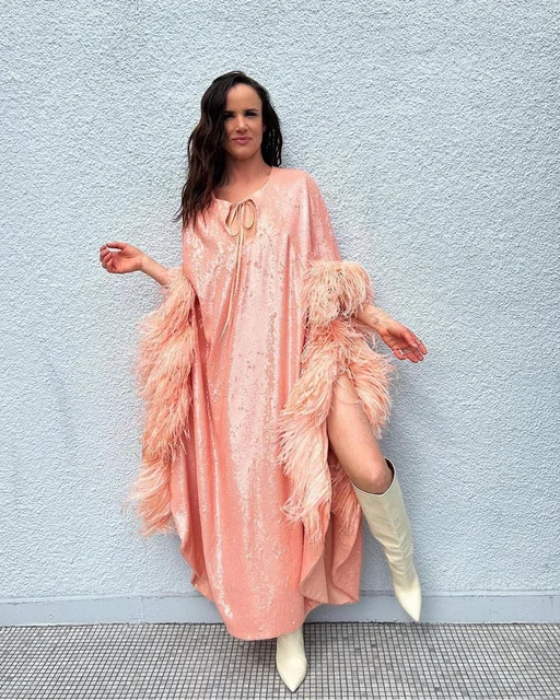 Robe de cocktail à manches longues et col rond pour femmes, paillettes kly, plumes scintillantes, perles, fente latérale haute, soirée – Image 3