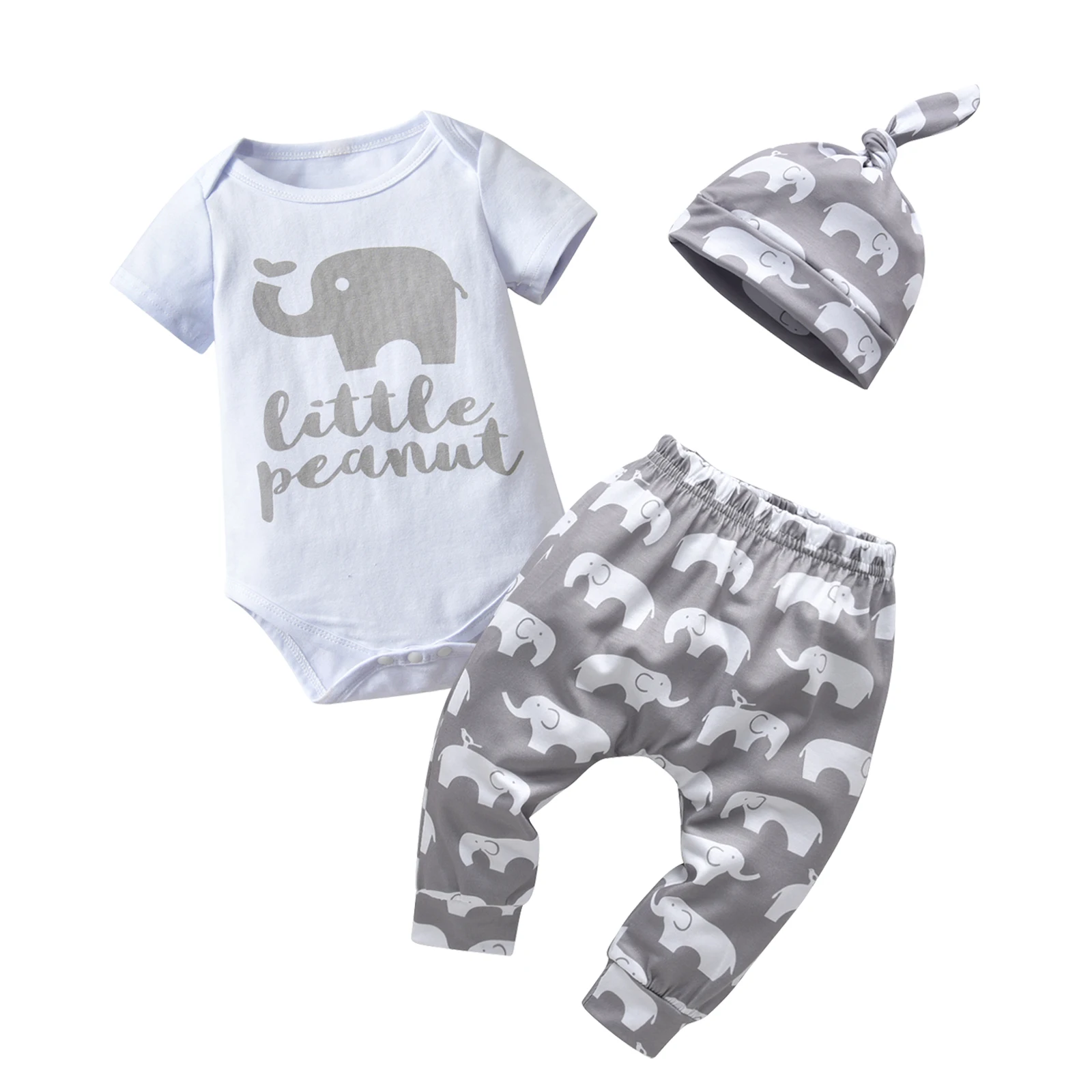 Ensemble 3 pièces en coton fin pour nouveau-né garçon, barboteuse à manches courtes imprimée mignonne, haut + pantalon long + chapeau