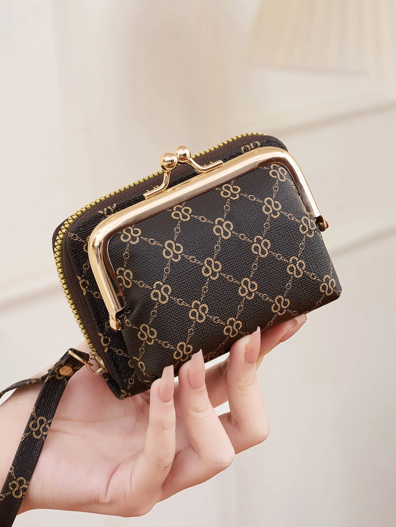 Portefeuille pour femmes, porte-monnaie court imprimé à la mode, rétro, multifonction, porte-carte en accordéon, pince à billets avec bracelet et serrure à baiser