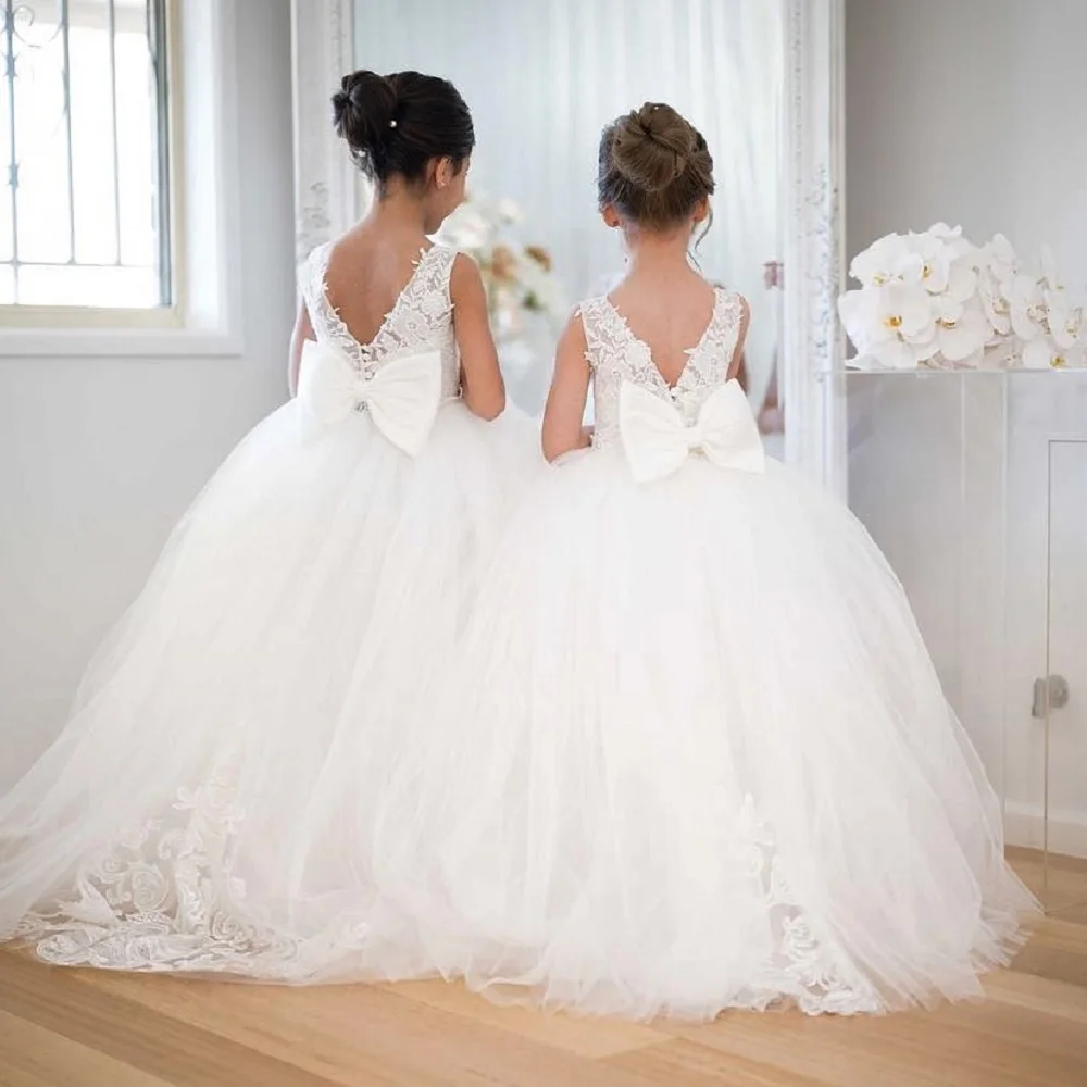 Robes de demoiselle d'honneur mignonnes pour mariage, avec des Appliques à gros nœud, longues robes de concours, en Tulle blanc, robes de première Communion