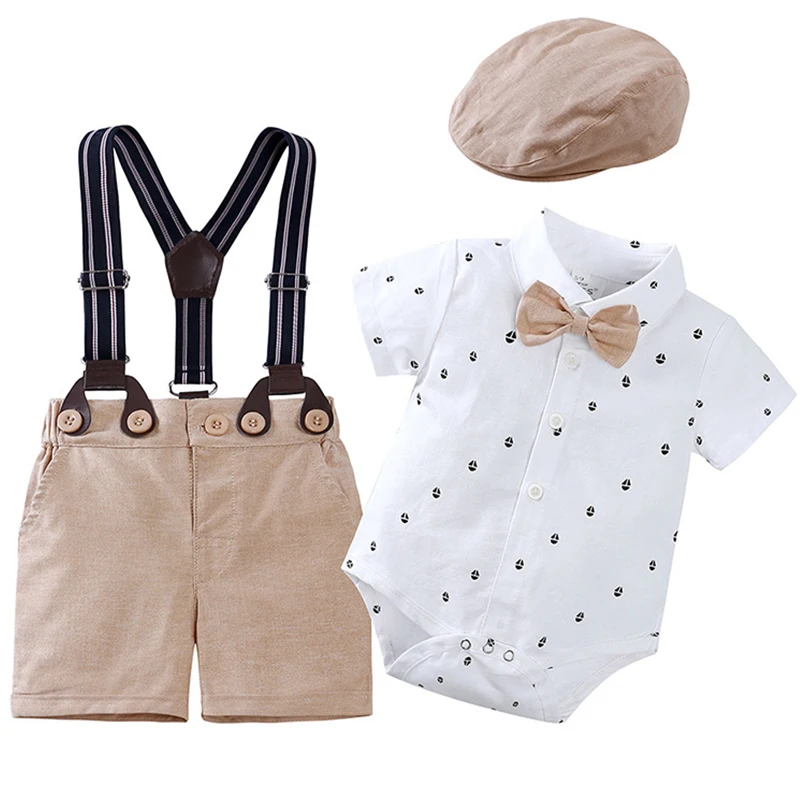 Nouveau en été bébé garçon vêtements tenue mode coréenne Gentleman manches courtes batterie en coton costume + short + chapeau nouveau-né vêtements BC1456-1