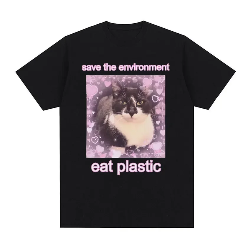 Sauver l'environnement manger en plastique chat mignon graphique T-shirt drôle femmes col rond vêtements T-shirts surdimensionné femme T-shirt