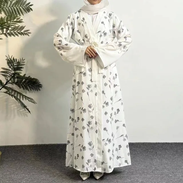 Abaya à imprimé floral ouvert sur le devant, robe maxi à manches longues avec ceinture, vêtements pour femmes, abayas musulmans, kaftans pour femmes, jilbabs – Image 4