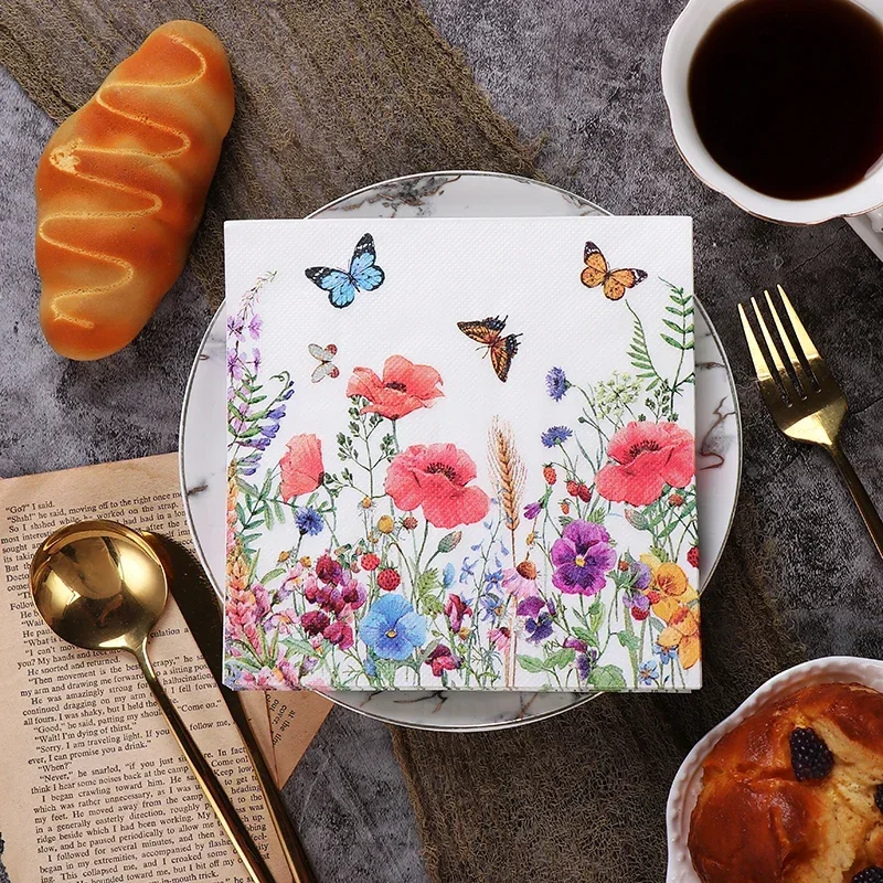 Nouveaux serviettes colorées florales napperons en papier imprimé Restaurant hôtel fête papier de pâte de bois pur 20 pièces/pac papier de pâte de bois 33 cm