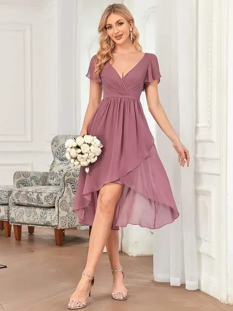 Robe en Mousseline de Soie, Taille Personnalisée, Plissée, Fendue, Col en V, Manches Croisées, Bleu Marine, Bordeaux, Crépuscule Rose, Haut, Bas, Courte – Image 5