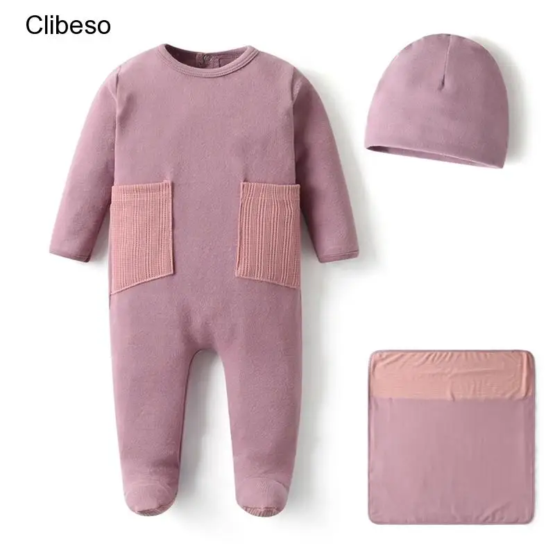Barboteuse en coton avec chapeaux et couvertures pour bébé fille, vêtement moulant avec poches gaufrier, 2024