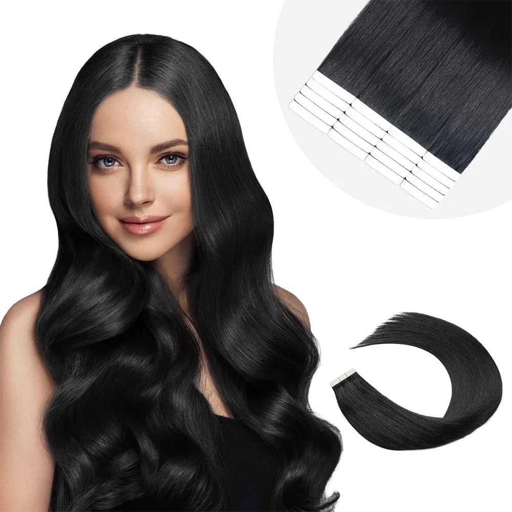 Extensions de cheveux humains Tape-in pour femmes, Extensions de cheveux invisibles, Noir de jais, Sans couture, #1, Paquet de 50g