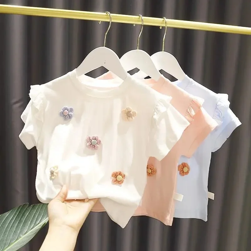T-shirt à manches courtes en dentelle pour enfants, chemise à fond en coton pour petite fille, mignon, nouveau, été