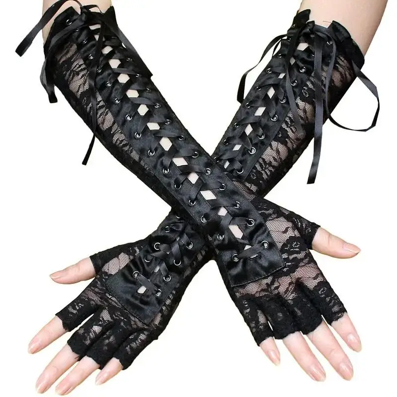 Mitaines en maille résille sans doigts pour femmes, dentelle florale sexy, longueur du coude, gants demi-doigts, ficelle noire, attaches en ruban, soirée séparés ante