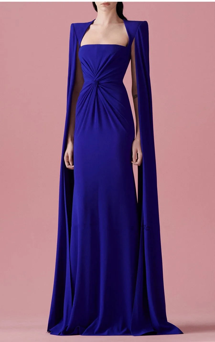 Robe de soirée en satin à manches longues et col carré, châle, cape, luxe, célébrité, princesse, arabe, Dubaï, robe de Rh, robe de soirée, bleu, élégant