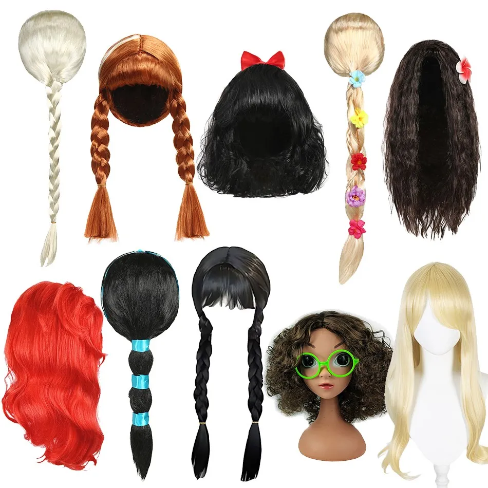 Perruque du mercredi pour filles, accessoires de Cosplay princesse pour enfants, raiponce, Elsa, Anna, Jasmine, sirène, Moana Mirabel, couvre-chef de fête