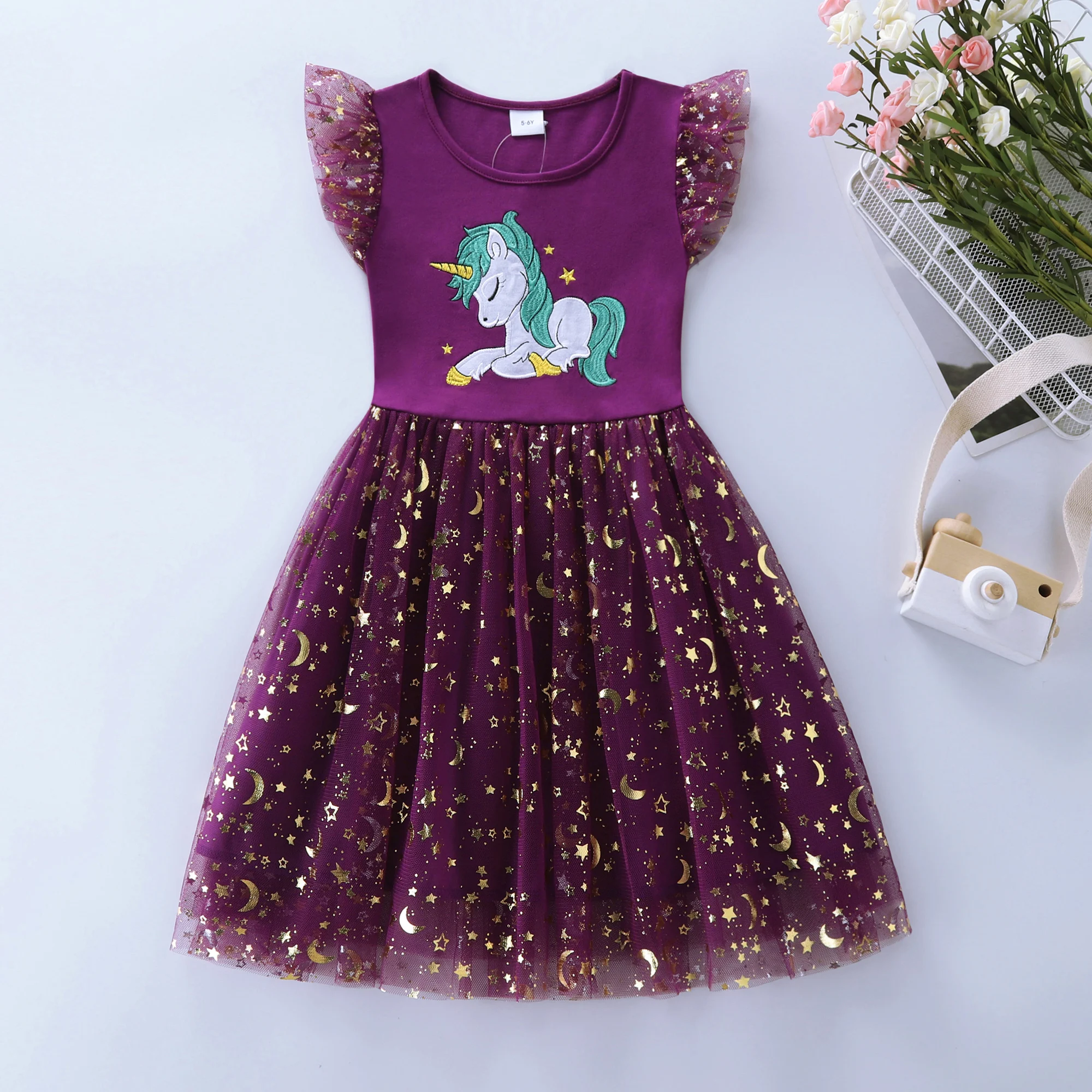 Robe d'été en coton pour filles, licorne brodée en maille épissée, sans manches, SH1701, nouvelle collection