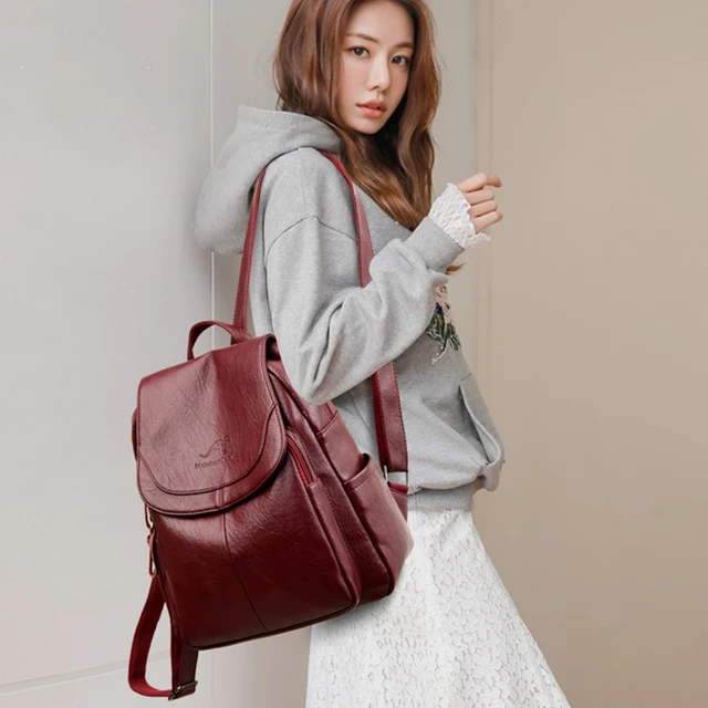 Dames Bookbag sac à dos femmes grande capacité sac à dos sacs à main de haute qualité en cuir femme Vintage sac sacs d'école voyage sac à dos – Image 5