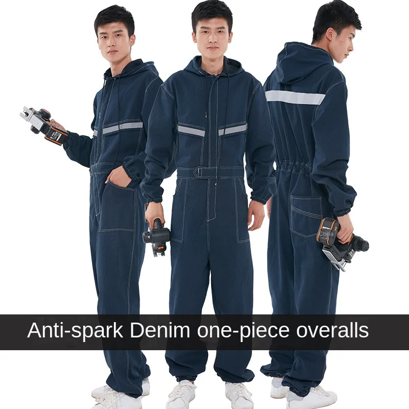 One-Piece Work Clothes Welder Spray-Painted Denim Suit Work Clothes Reflective Strip Long-Sleeved Labor Protection Clothing