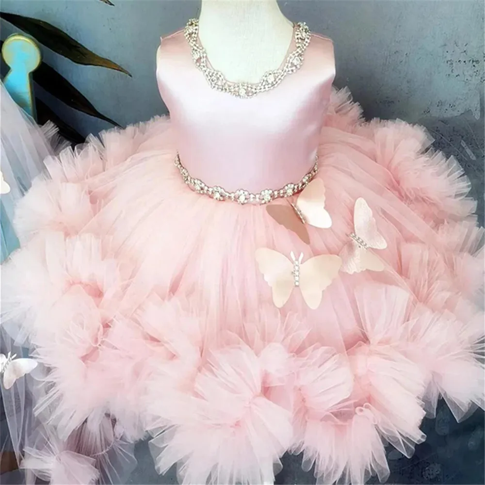 Belle robe rose perlée avec papillon en fibre 3D pour fille, fleur de nœud, mariage, anniversaire charistique de l'enfant, robes de fête