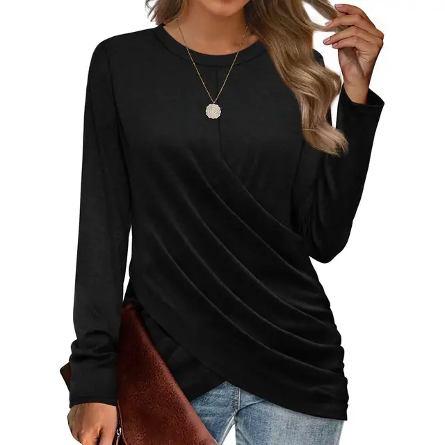 AliExpress-T-shirt décontracté à col rond, plissé croisé, manches longues, Europe et États-Unis, automne, nouveau, 2024 – Image 3
