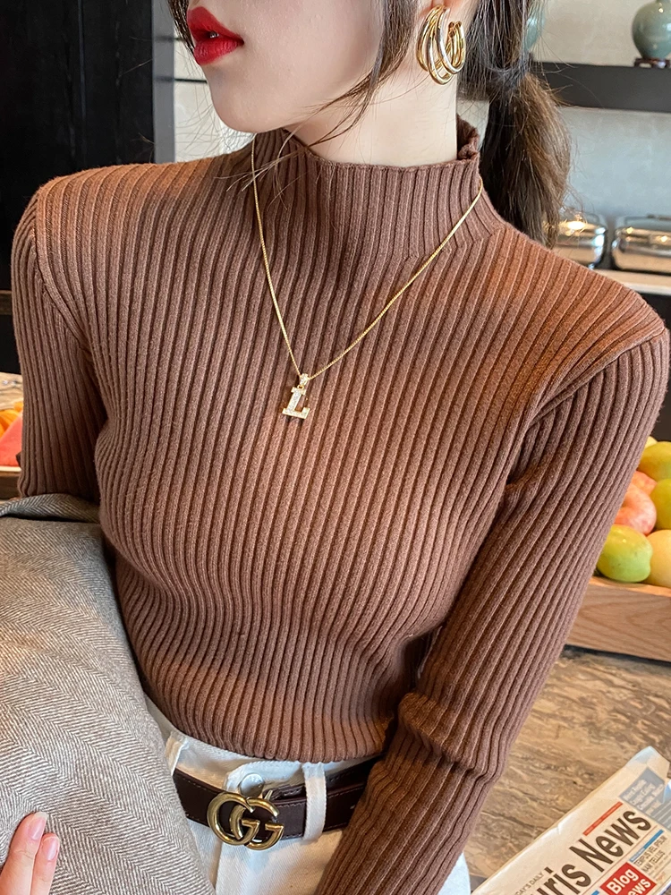 Élégant solide basique tricoté hauts femmes col roulé pull à manches longues décontracté mince pull mode coréenne Simple Chic vêtements