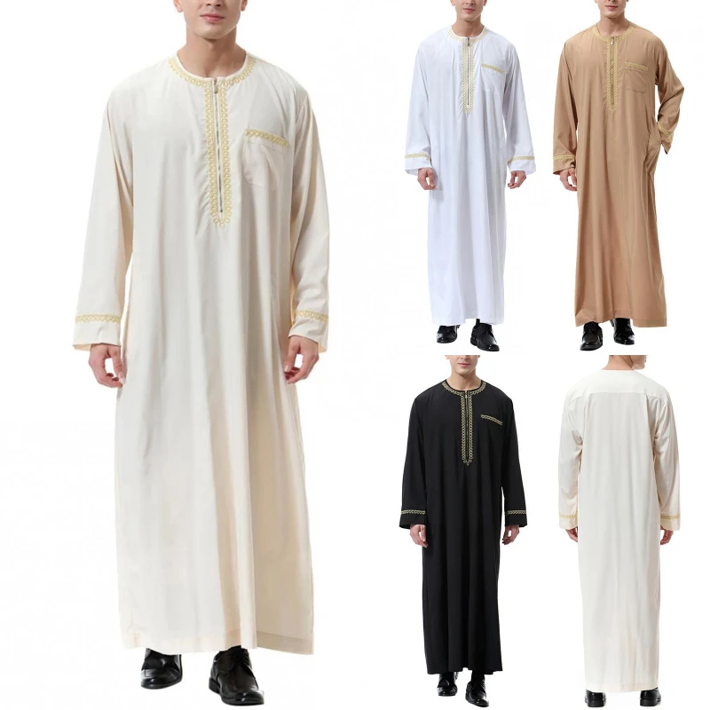 Mens Traditional Arab Thobe Middle Eastern Cultural Robe Round Neck Loose Fit Long Comfortable Islamic Clothing for Daily Wear
