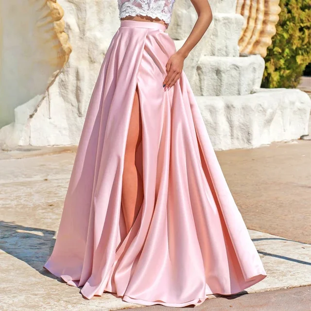 Jupes longues en satin rose princesse avec poignées fendues hautes, jupe amovible, pardessus performant, robe de soirée de mariage, jupes maxi, nouveau – Image 3