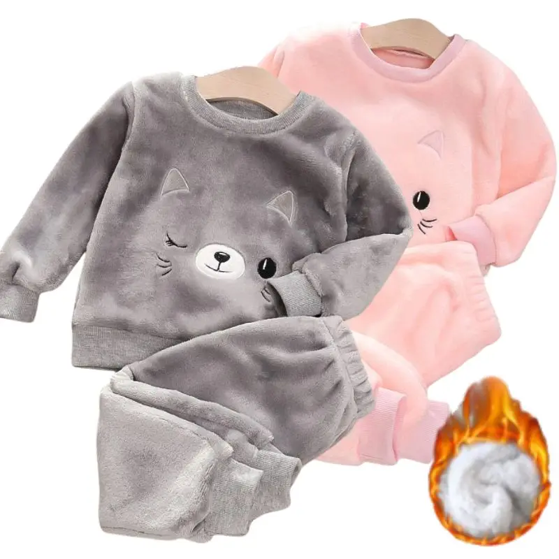 Tenue de famille en velours Glutnel pour garçons et filles, vêtements de nuit chauds pour enfants, ensembles de pyjama sourire, vêtements de nuit imbibés, lieux optiques, plus velours, 1-4 ans, 2 pièces