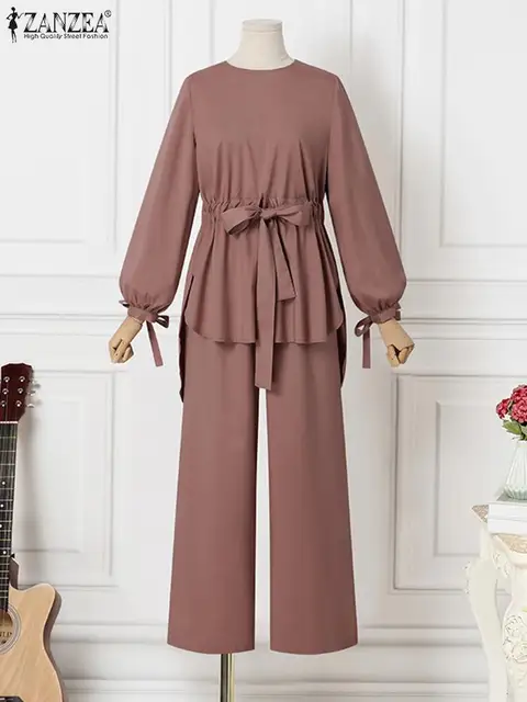 ZANZEA femmes musulmanes correspondant ensembles à manches longues dessus de couleur unie et pantalon ample costumes élégant mode survêtement de sport caftan 2025 – Image 4